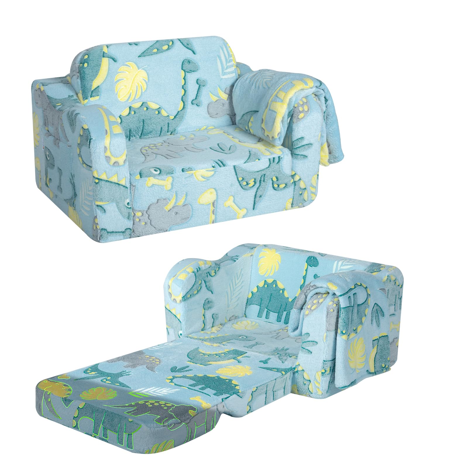 Folding Toddler Chair, Soft Plush Fold Out Kids Couch Sofa Glow in The Dark, Comfy Baby Recliner for Girls Boys (Glowing Dinosau